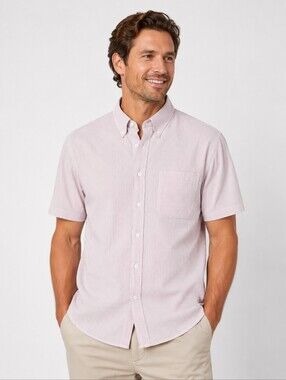 L.L. Bean Seersucker Button Down Shirt M Regular Red White Striped Short Sleeve